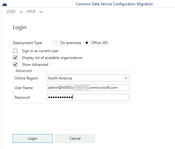 Configuration Migration Tool Login page.