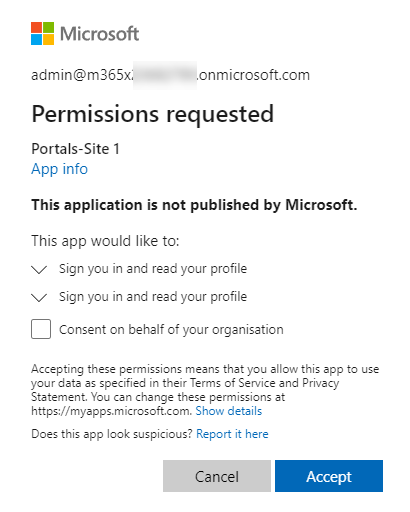 Power Pages permissions requested.