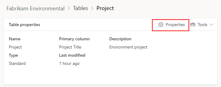 Project table properties.