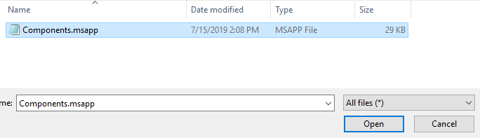 Select components to upload - screenshot
