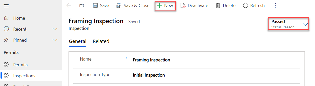 Create new inspection - screenshot