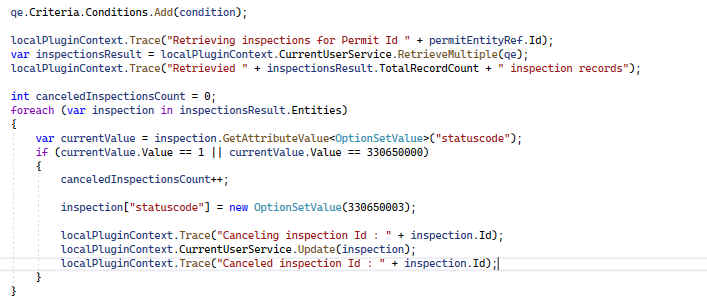 Foreach section of the execute plugin method - screenshot