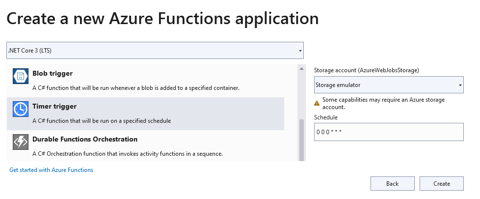 Create Azure function application - screenshot