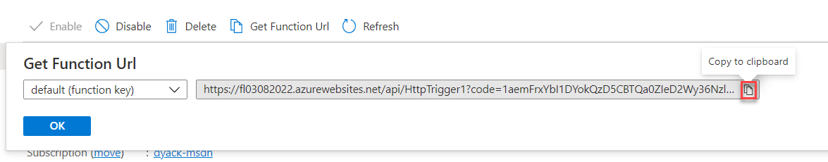 Copy function URL - screenshot