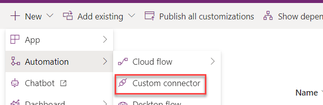 Create new custom connector - screenshot