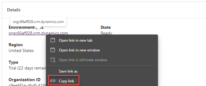 Copy environment URL - screenshot